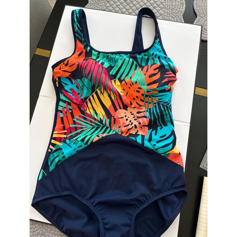 Lands End NWT One Piece Swimsuit Size 6 Tropical Print Navy Full Coverage Padded - Picture 4 of 10